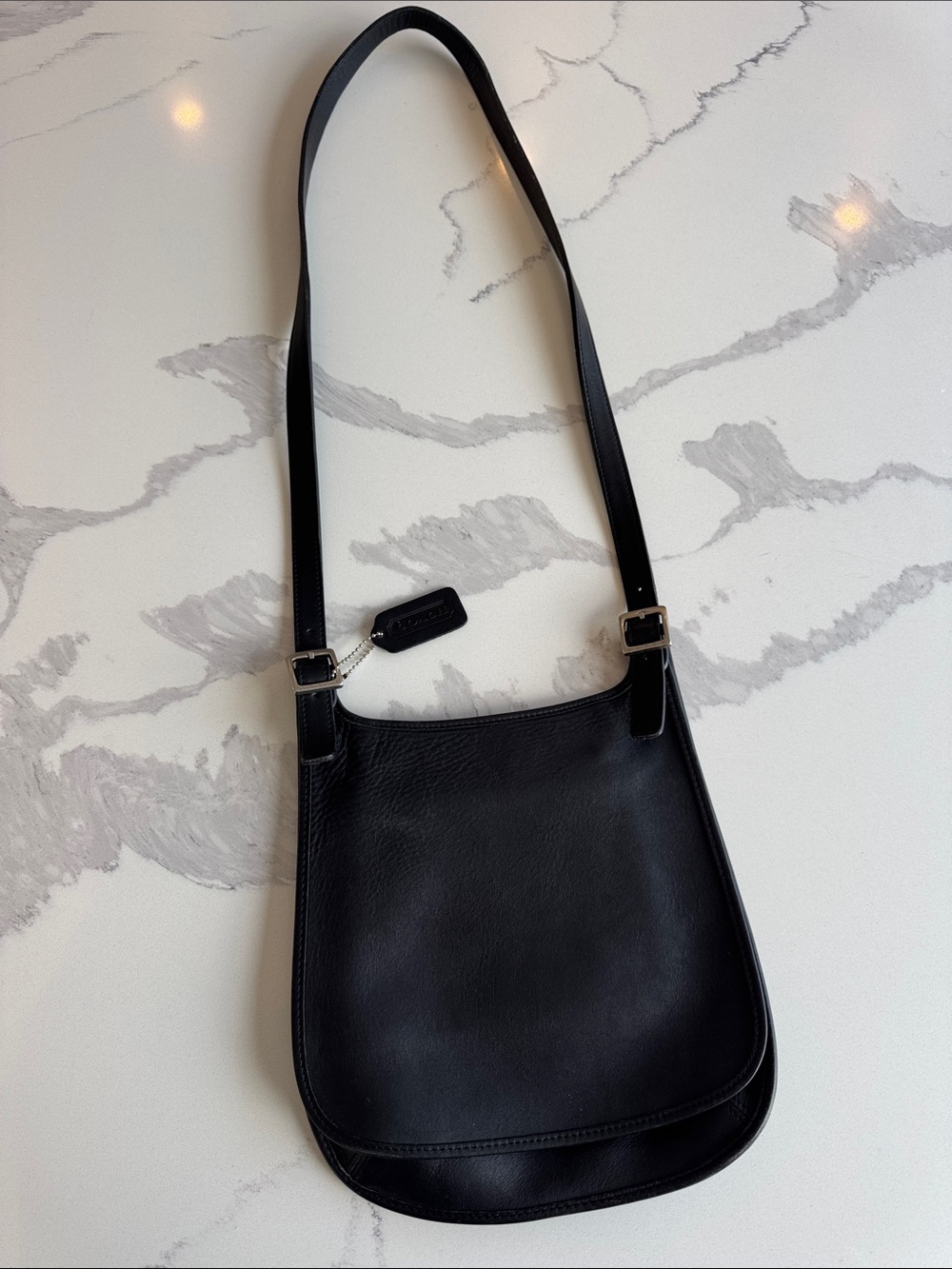 Vintage Coach Style 9135 Slim Black Leather Hippie Flap Crossbody Bag